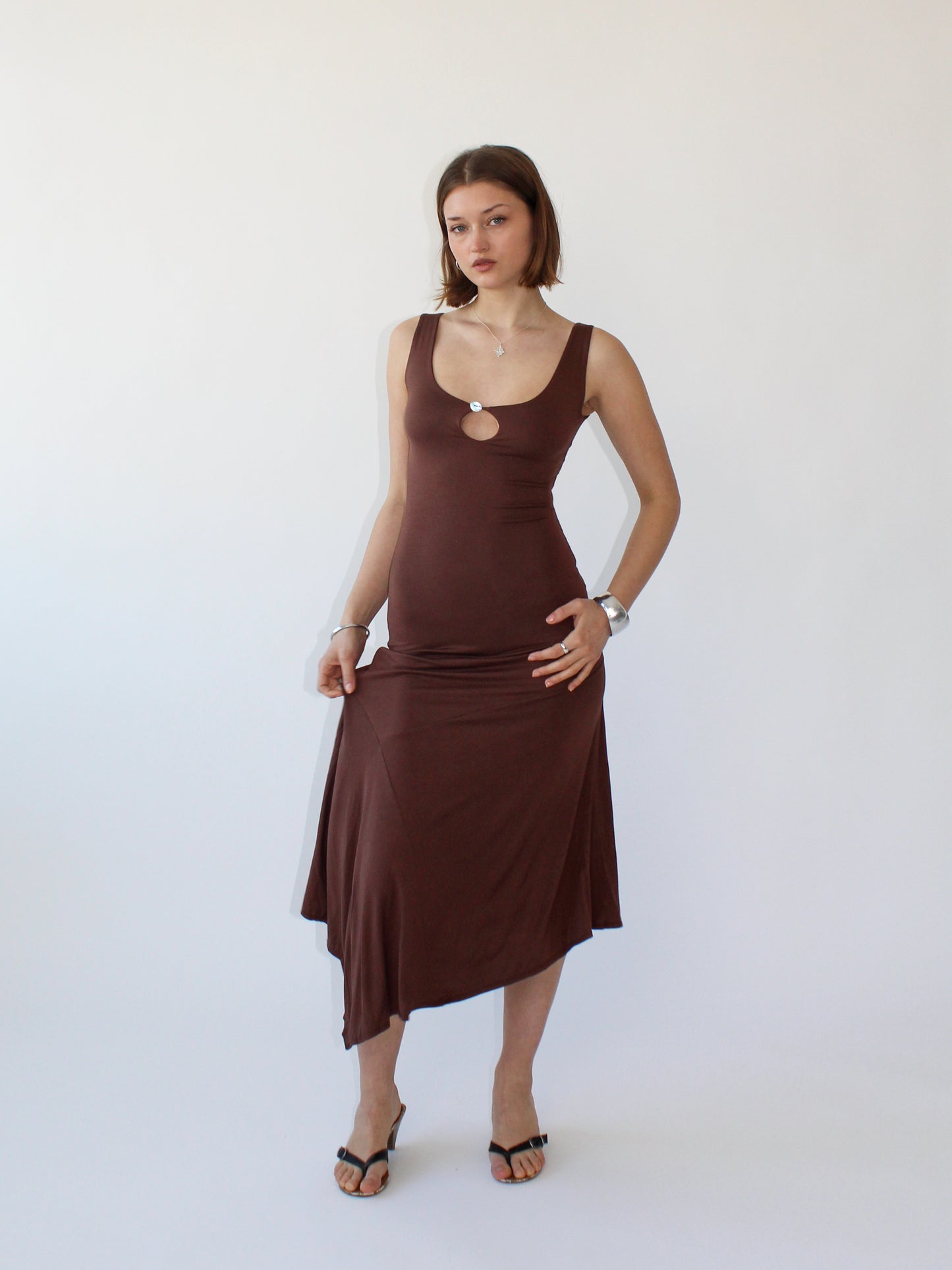 Key Hole Asymmetric Dress - Coffee