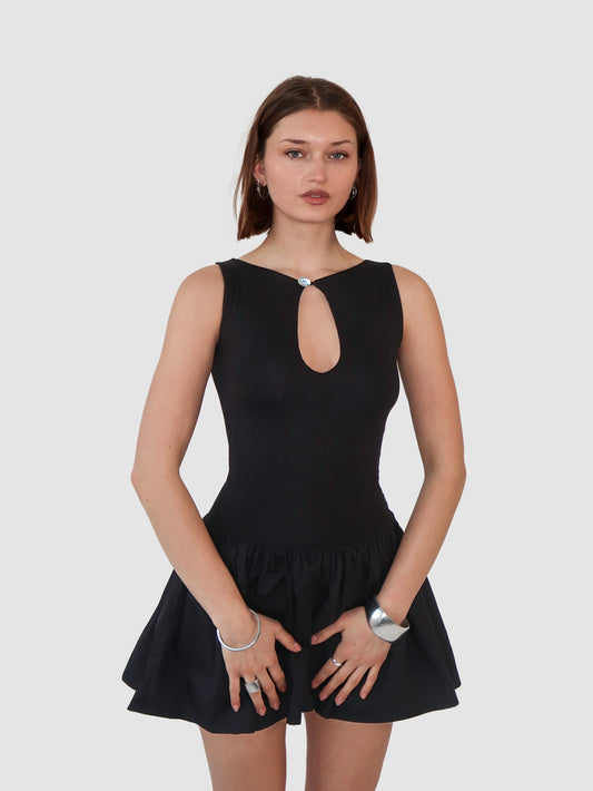 Key Hole Drop Waist Dress - Black