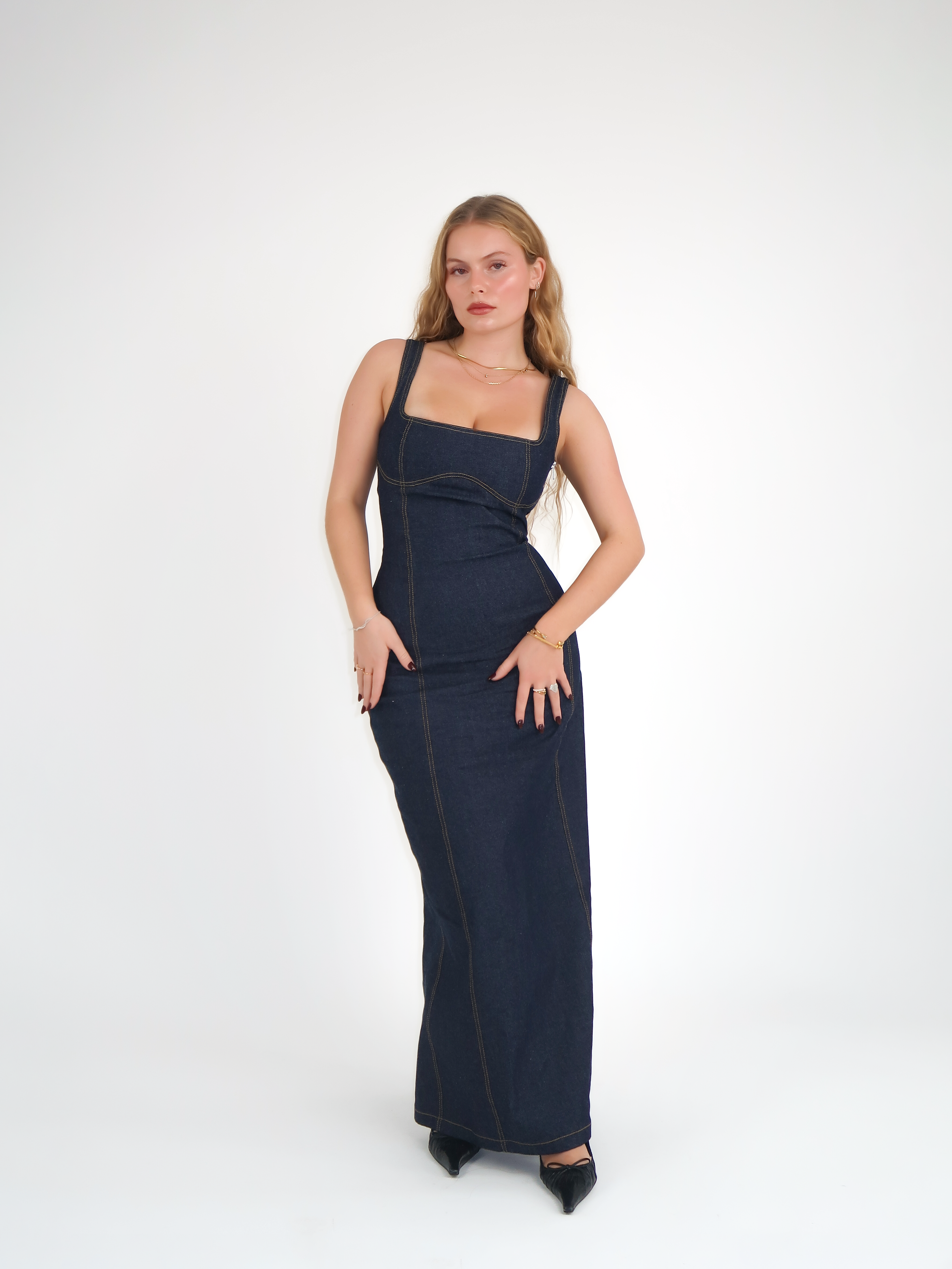 Denim maxi pinafore sales dress