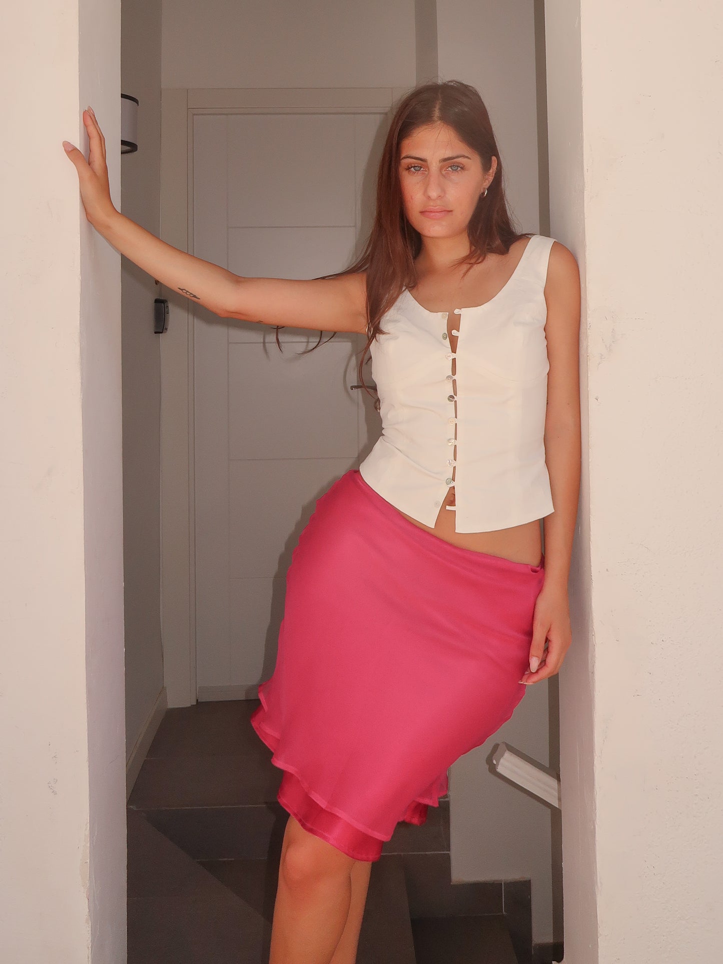Pink Silk Midi Skirt