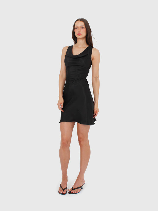 Silk Cowl Mini Dress - Black